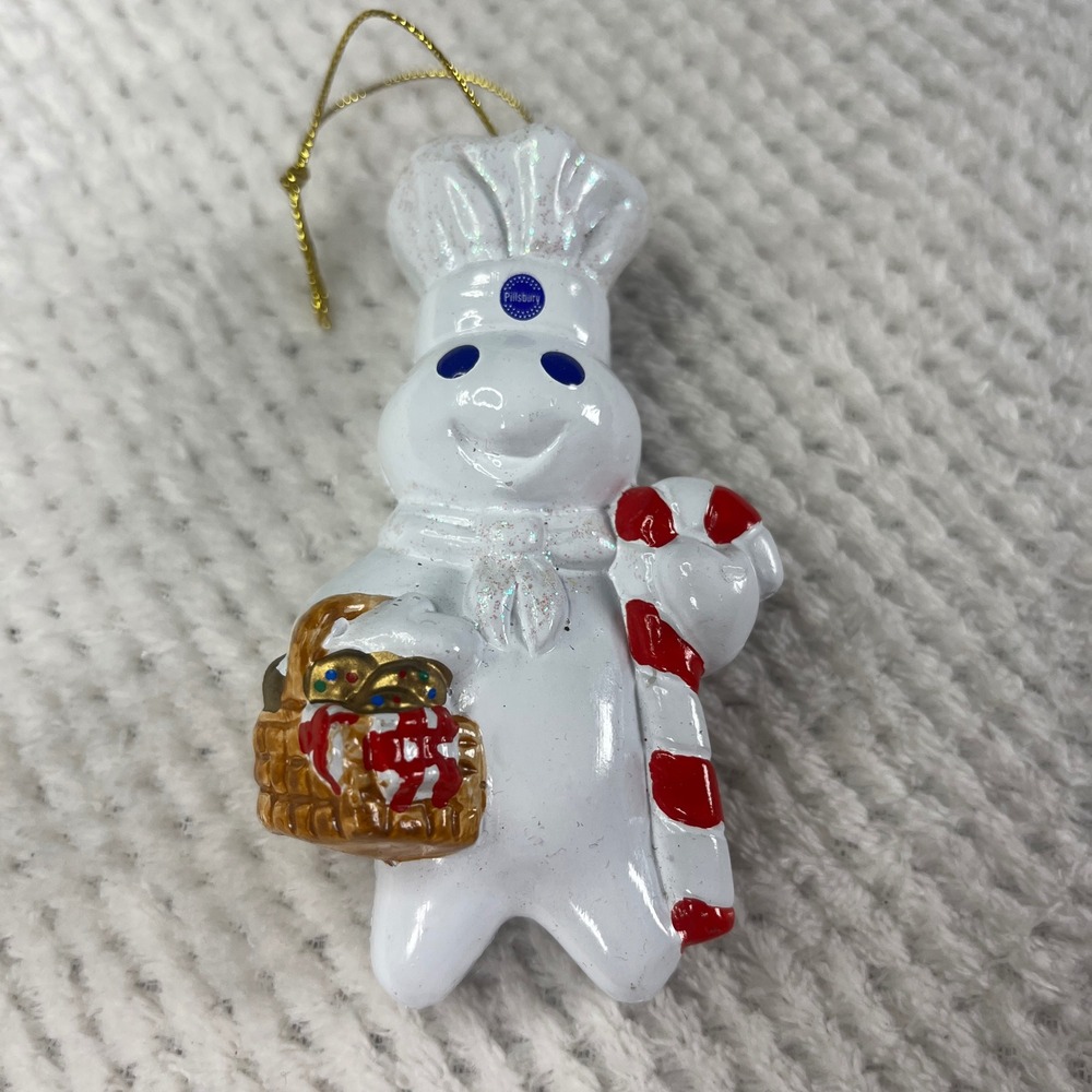 2001 Pillsbury Doughboy Christmas‎ Ornament Candy Cane Basket Glitter Chef Hat